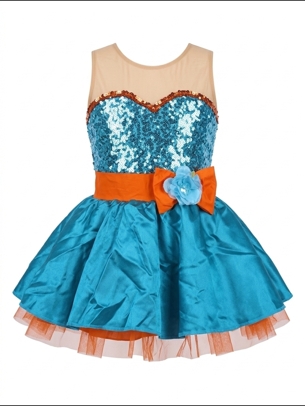 Teal Sequin & Orange Sash Kids Dance Costume Dress